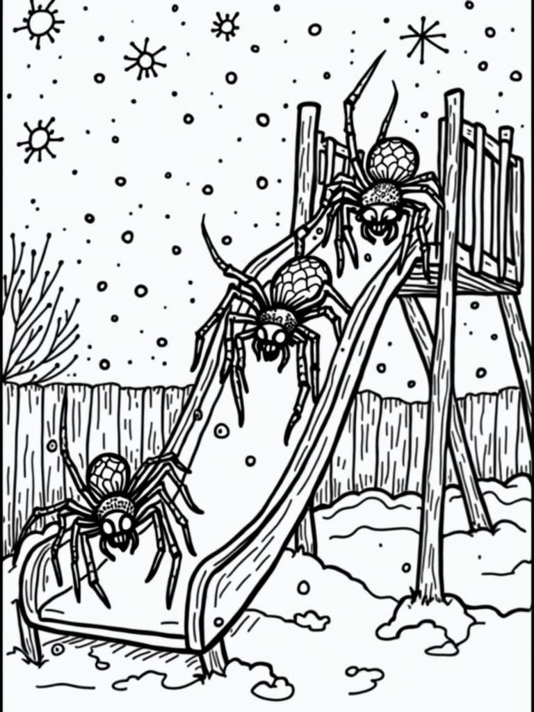 spiders singing on a slide in the snow / Coloring Page / Learning Corner