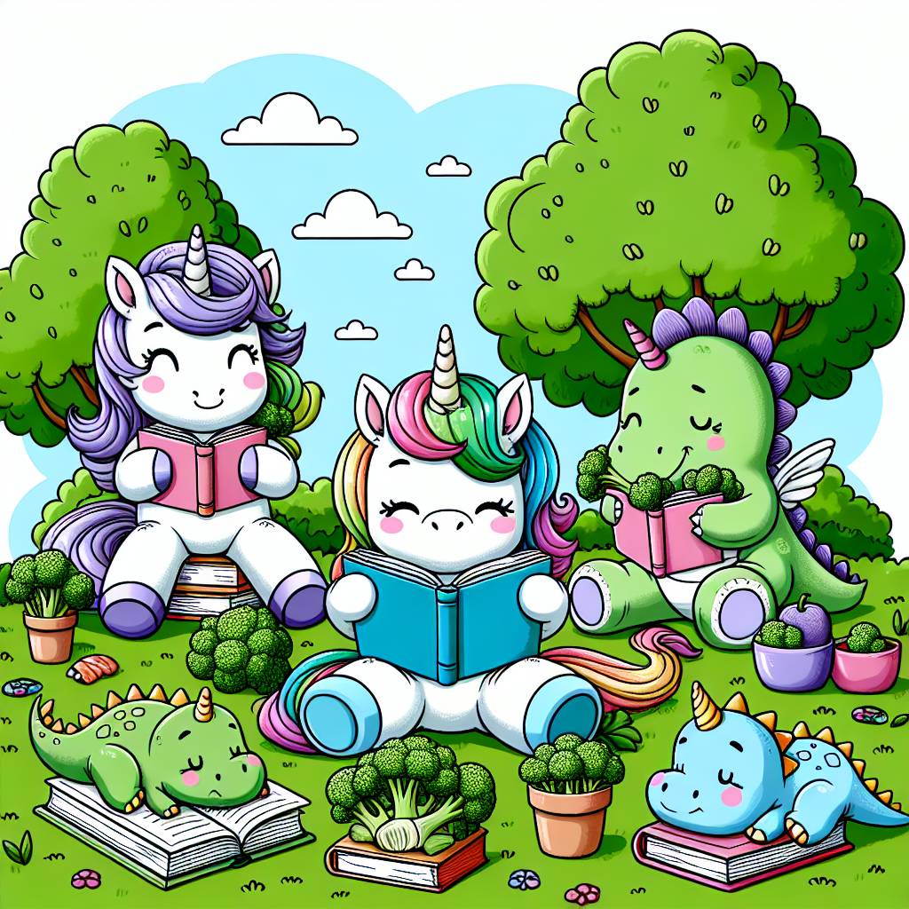 unicorns and pegasus reading books - Unicorns%20and%20pegasus%20reading%20books%20and%20eating%20broccolli%20in%20a%20park%20while%20small%20dinosaurs%20sleep%20nearby