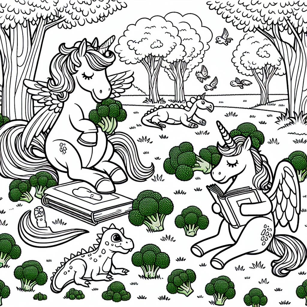unicorns and pegasus reading books - Unicorns%20and%20pegasus%20reading%20books%20and%20eating%20broccolli%20in%20a%20park%20while%20small%20dinosaurs%20sleep%20nearby,%20all%20in%20black%20outline%20with%20no%20color