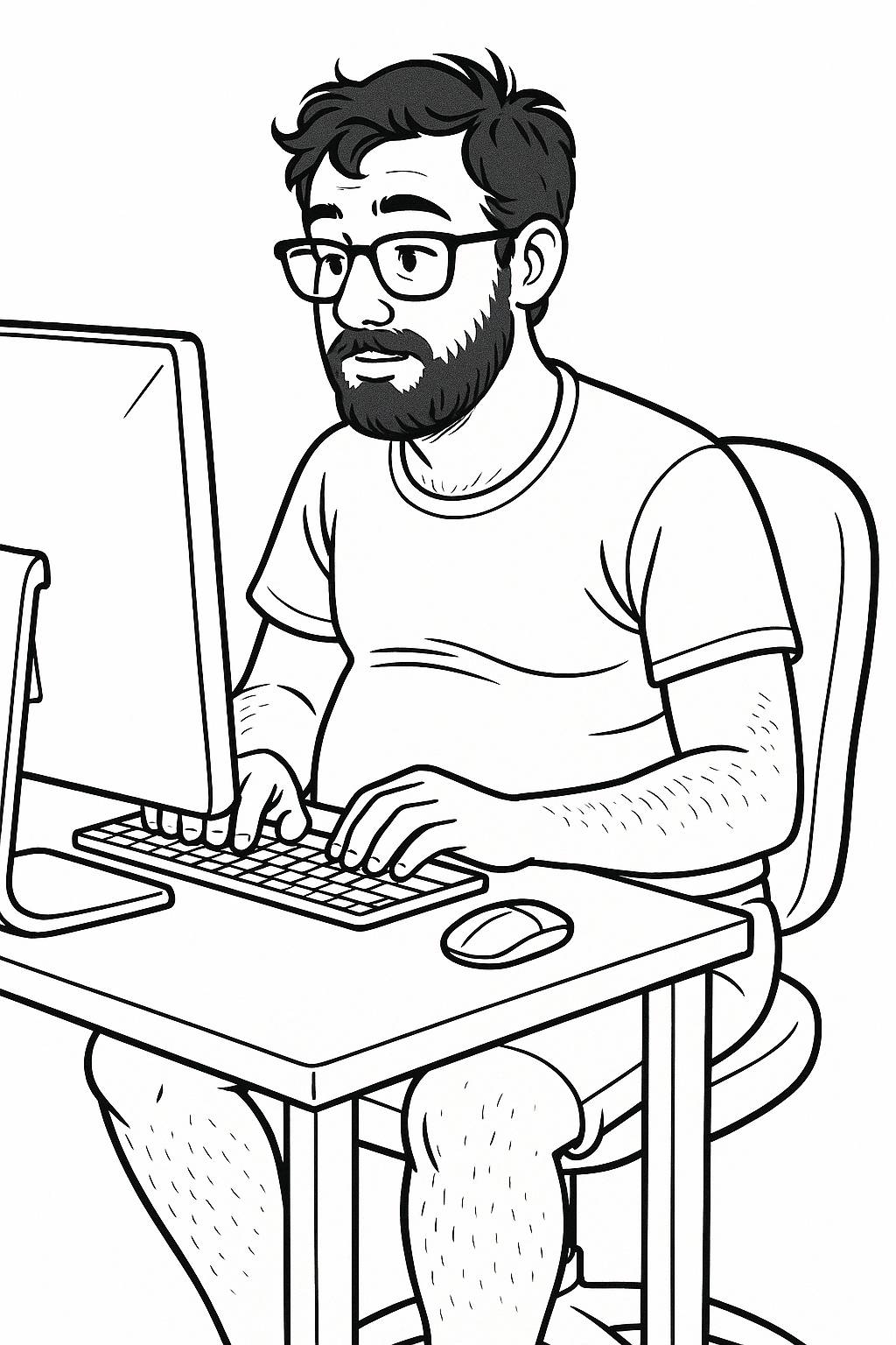 young man with skinny dad bod, dark hair, beard, glasses, working at ...