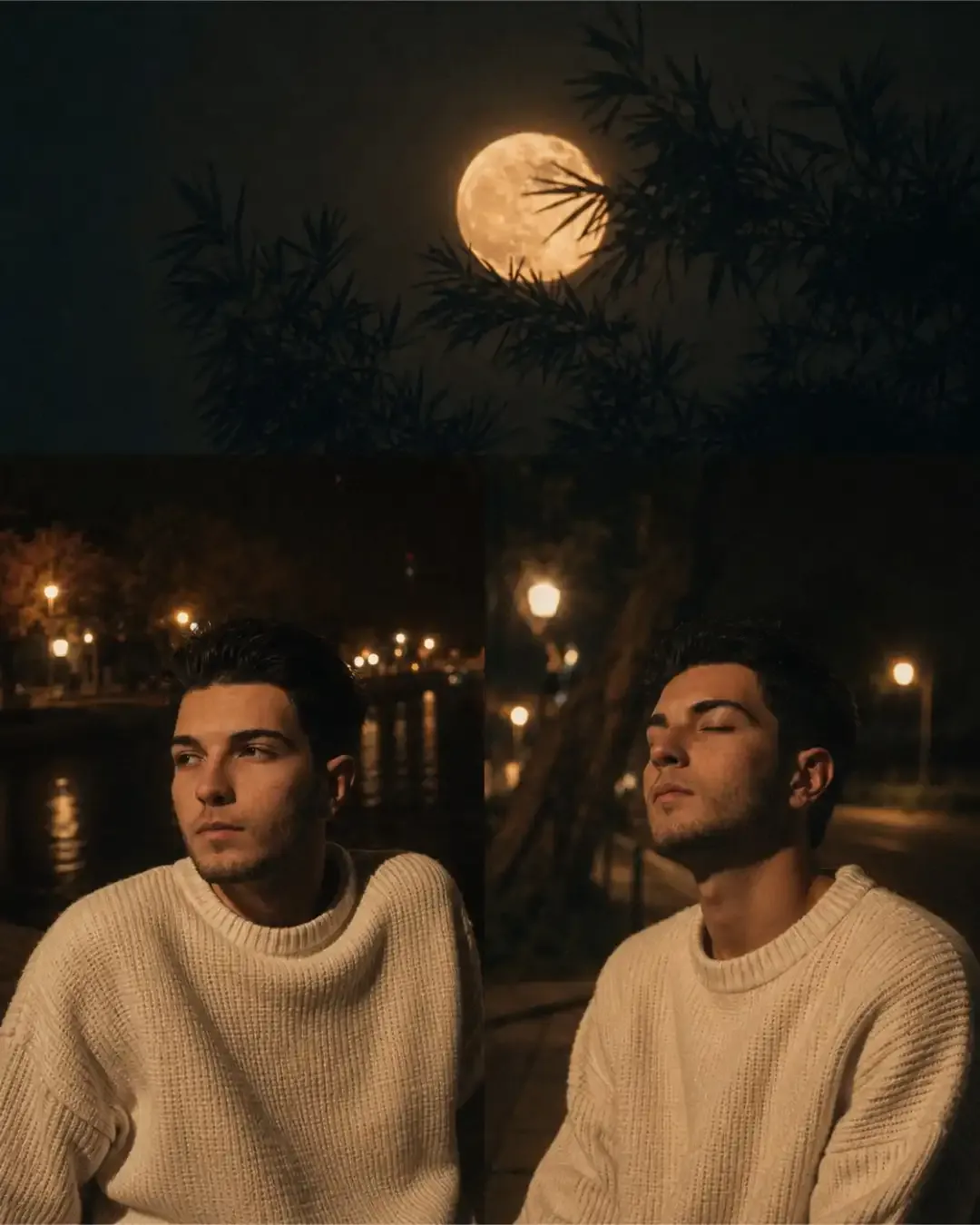 Moody Cinematic Night Portrait Collage with Full Moon and Streetlights Ai Prompt - ChatGPT Generated Prompt Result (After)