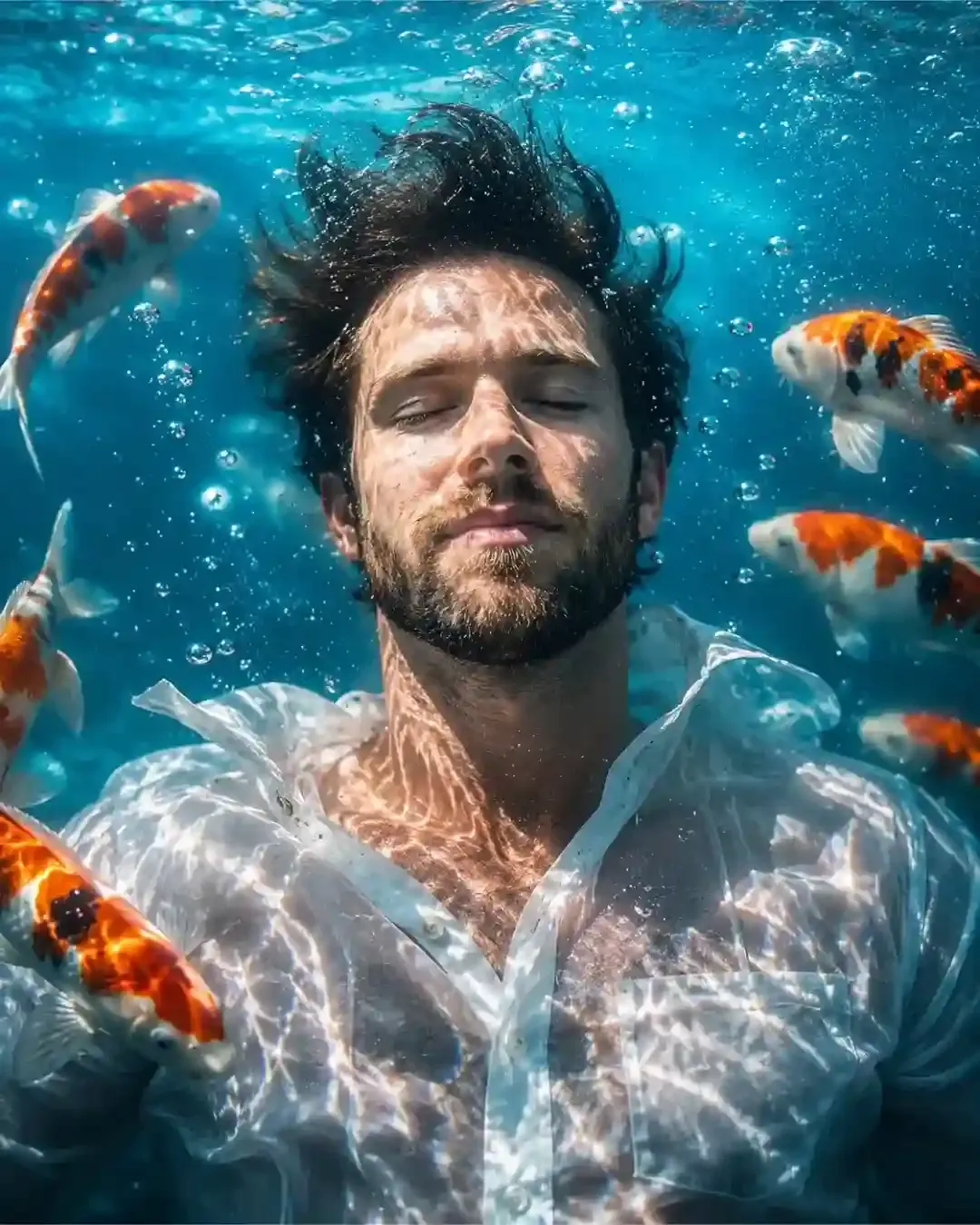 Cinematic Underwater Portrait of a Man in White Shirt with Sun Rays and Floating Bubbles Ai Prompt - ChatGPT Generated Prompt Result (After)