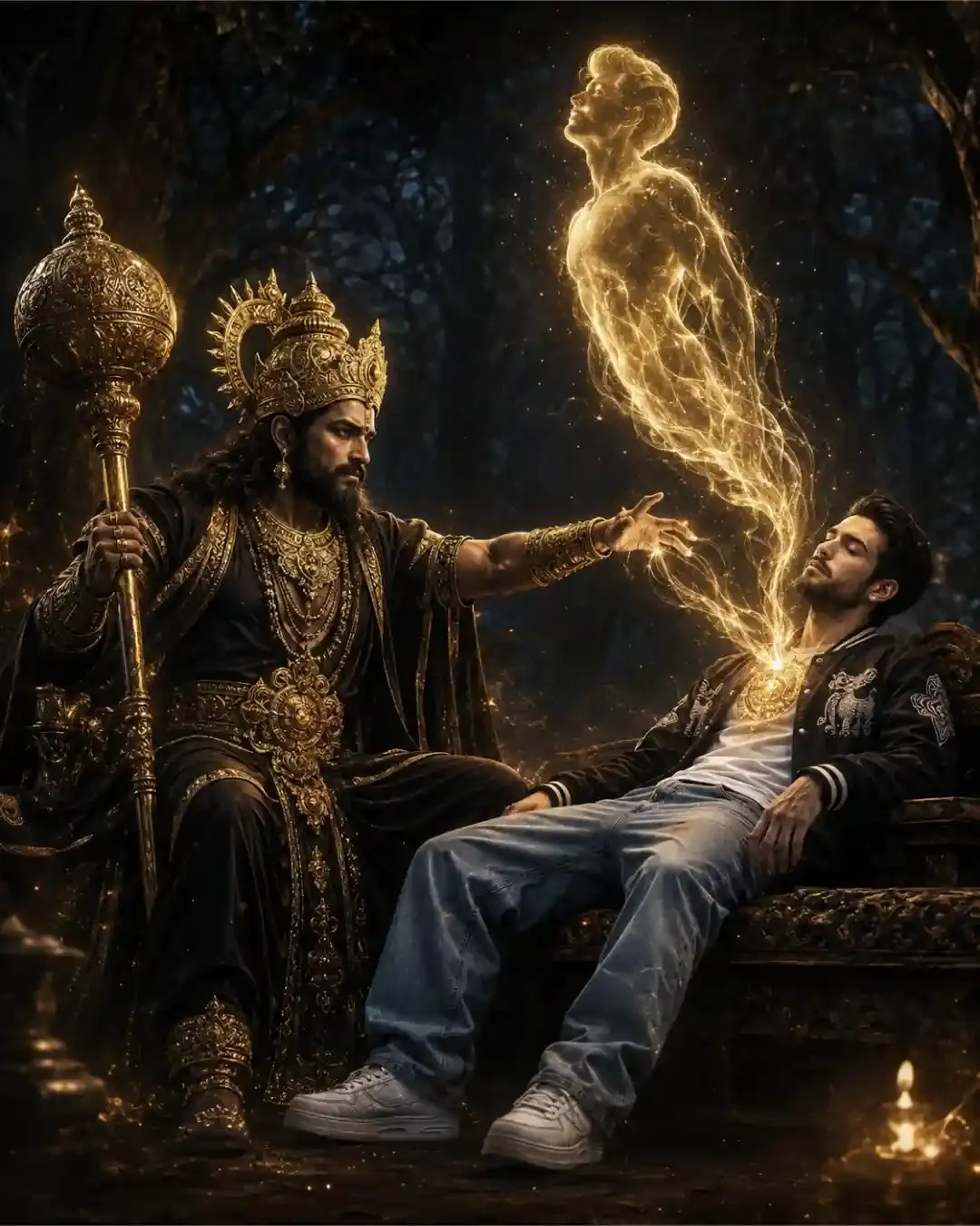 Yamraj Taking Soul from Man in Mystical Forest Ai Prompt - ChatGPT Generated Prompt Result (After)