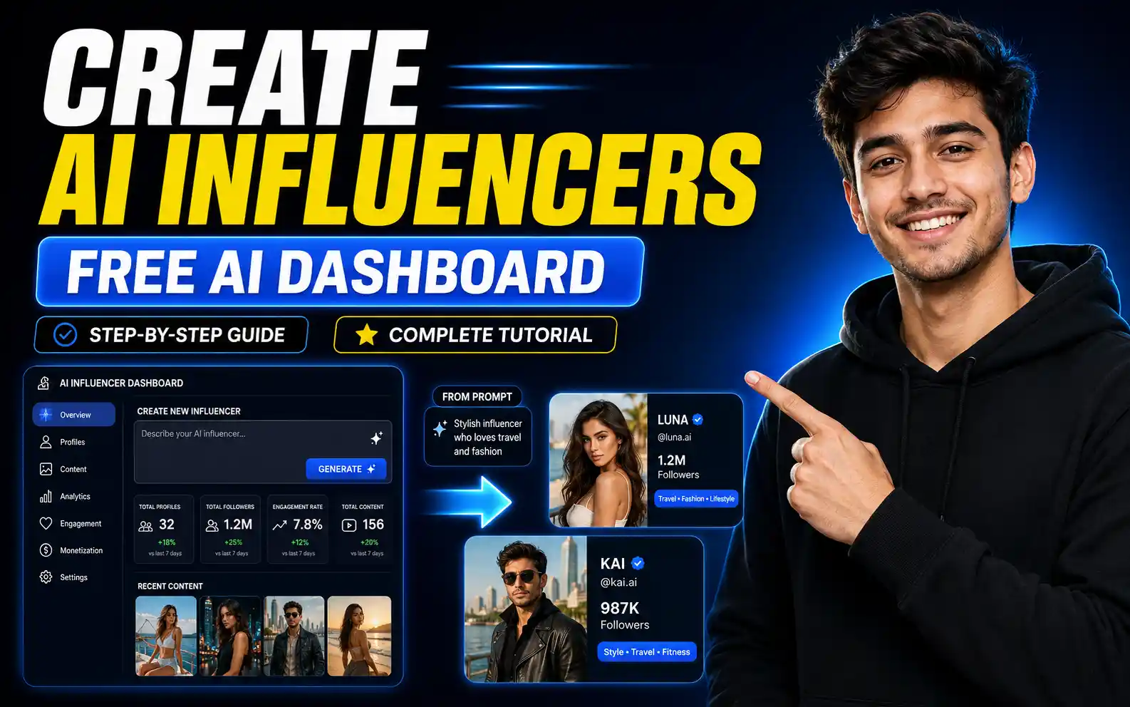 Free AI influencer dashboard for creating virtual influencers, photos, outfits, brand deals, and UGC videos