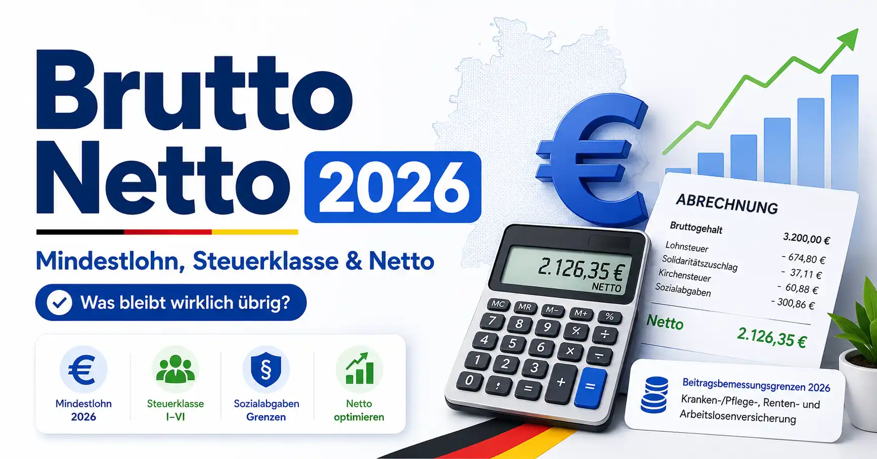 Brutto Netto Rechner 2026 – Taschenrechner mit Euro-Symbol und Gehaltsabrechnung