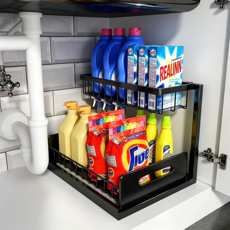 Black two-tier pull-out under sink organizer with metal shelves for kitchen and bathroom cabinet storage