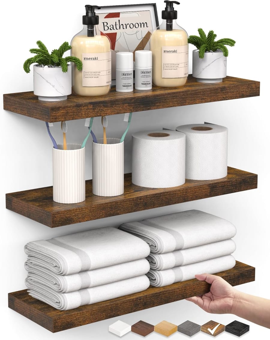 Rustic brown wood floating bathroom shelves for towels, toiletries, plants, and over-toilet storage