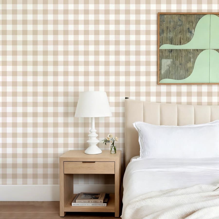 Beige checkered peel and stick wallpaper for a soft neutral bedroom accent wall