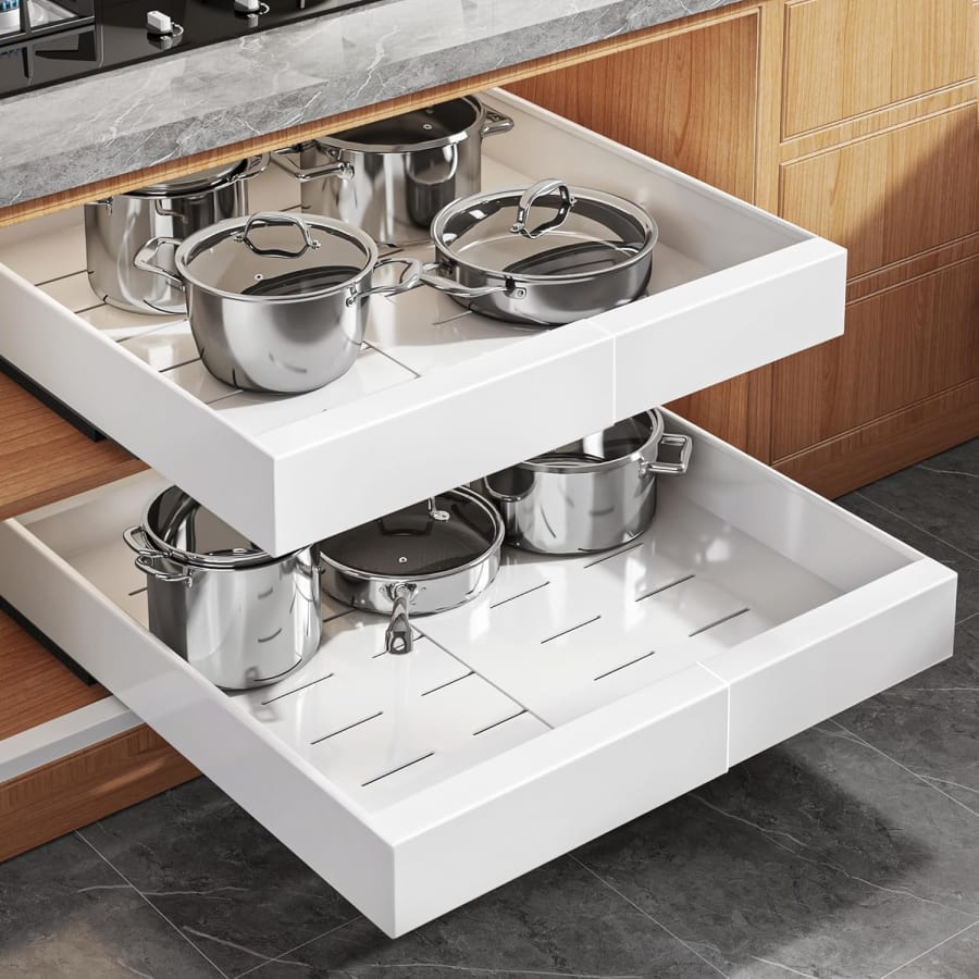 White pull out cabinet organizer drawers for pots, pans, and kitchen storage