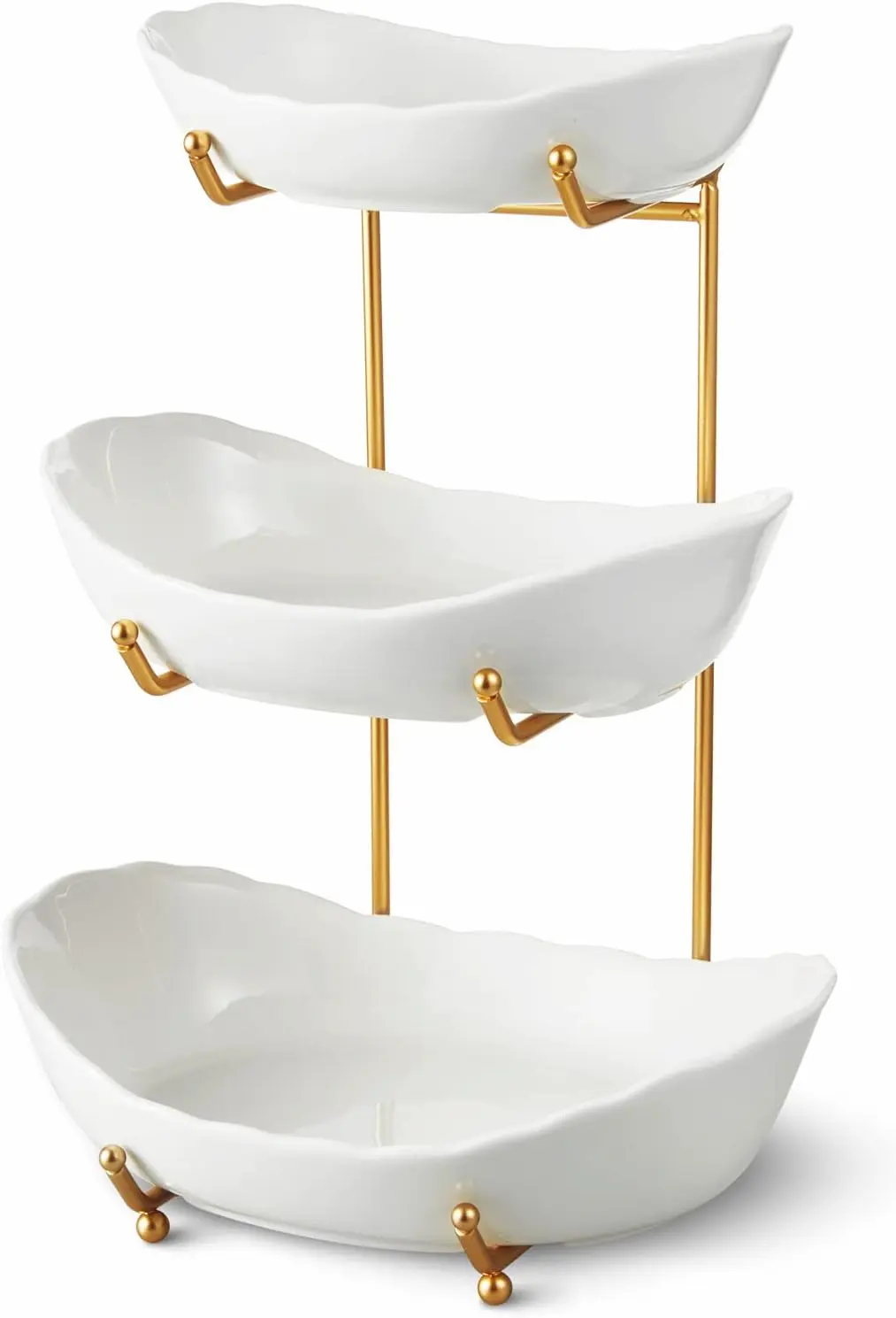 Elegant 3-Tier Ceramic Fruit Stand with Gold Frame for Kitchen Counter