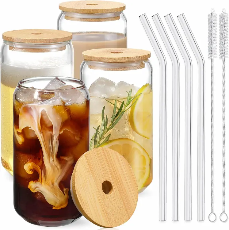 Elegant Glass Drinkware Set with Bamboo Lids – Aesthetic Coffee Bar Essentials