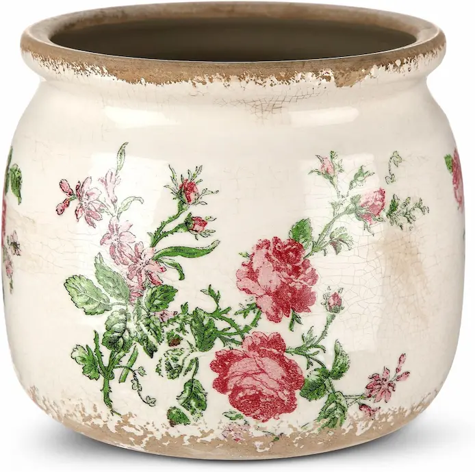 Vintage French Rose Ceramic Planter – Elegant Crackle Glaze Farmhouse Vase