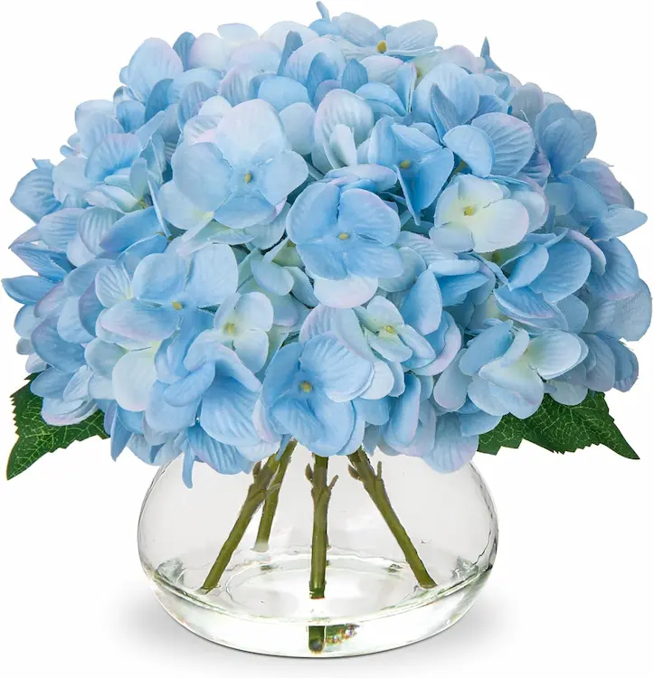 Elegant Blue Hydrangea Arrangement in Glass Vase with Realistic Water Effect
