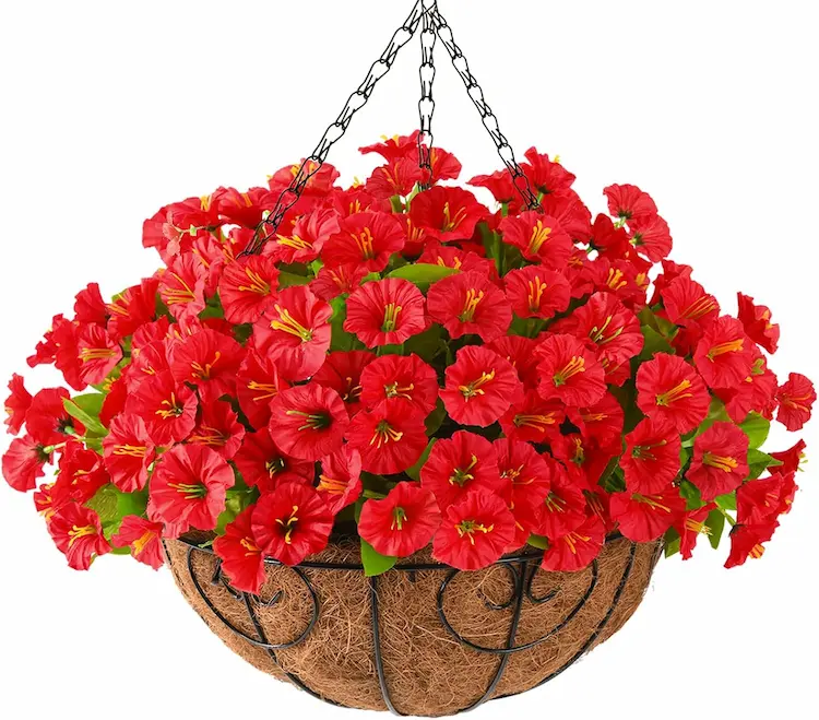 Rose Red Artificial Hanging Petunia Basket for Outdoor Patio Balcony Garden Decor