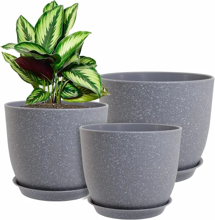 Modern Grey Speckled Plant Pots Set of 3 with Drainage Saucers for Indoor Home Decor Plants