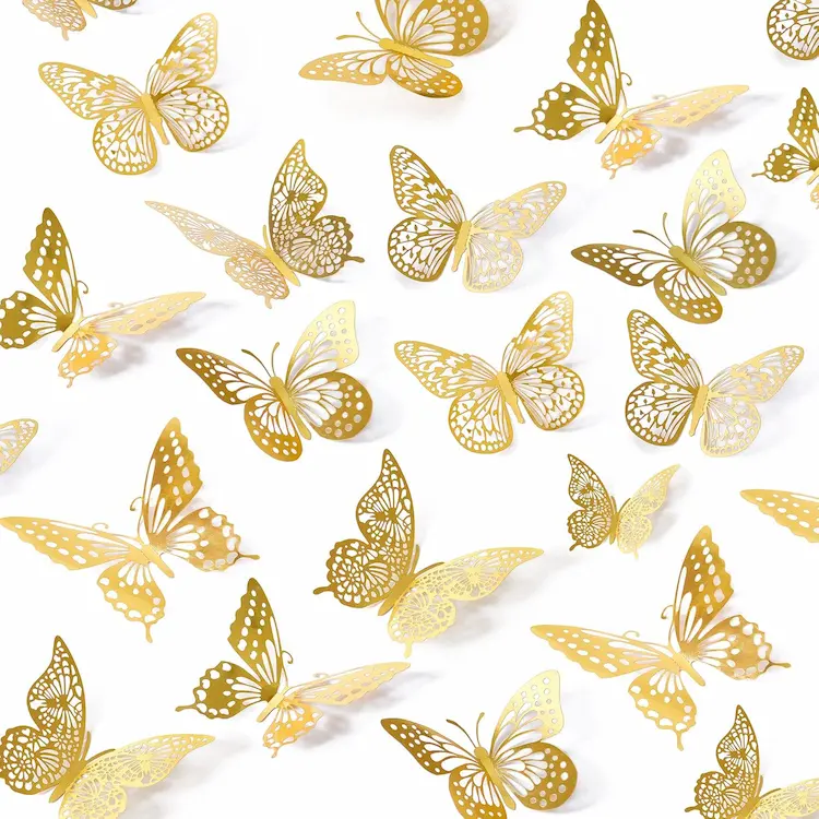 SAOROPEB 3D Gold Butterfly Wall Decor Set – 48pcs Removable Party & Room Decorations
