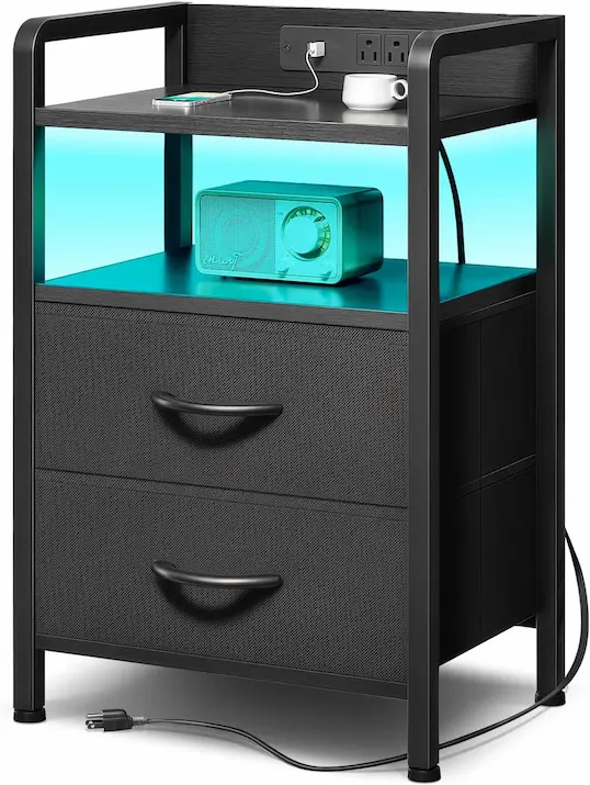Lazzanto Nightstand with Charging Station & LED Light, Modern Bedside Table with Storage Drawers