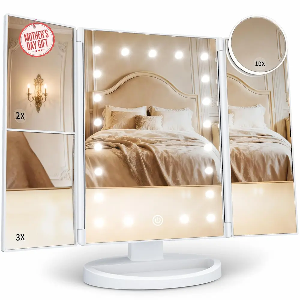 HUONUL Lighted Makeup Mirror – Trifold Vanity Mirror with Magnification & Touch Control