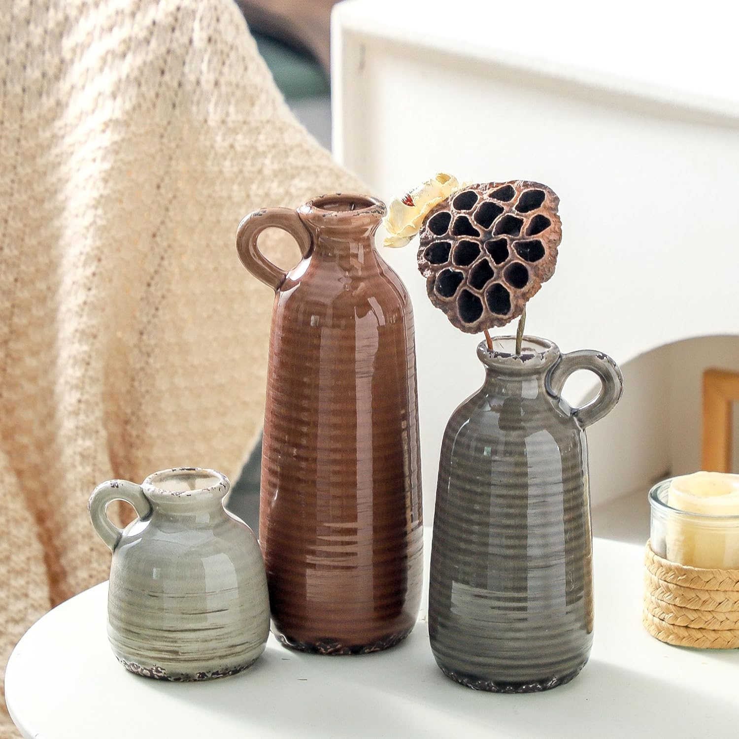 Ceramic Vase Set of 3 Rustic Farmhouse Brown Vases with Handles for Home Decor