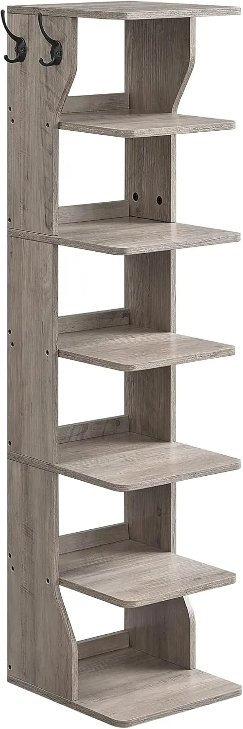 VASAGLE 7-Tier Vertical Shoe Rack | Narrow Slim Corner Tower Shelf with Hooks | Heather Greige