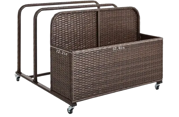 Brown Wicker Pool Float Organizer: Rolling Rattan Storage Caddy for Toys & Noodles