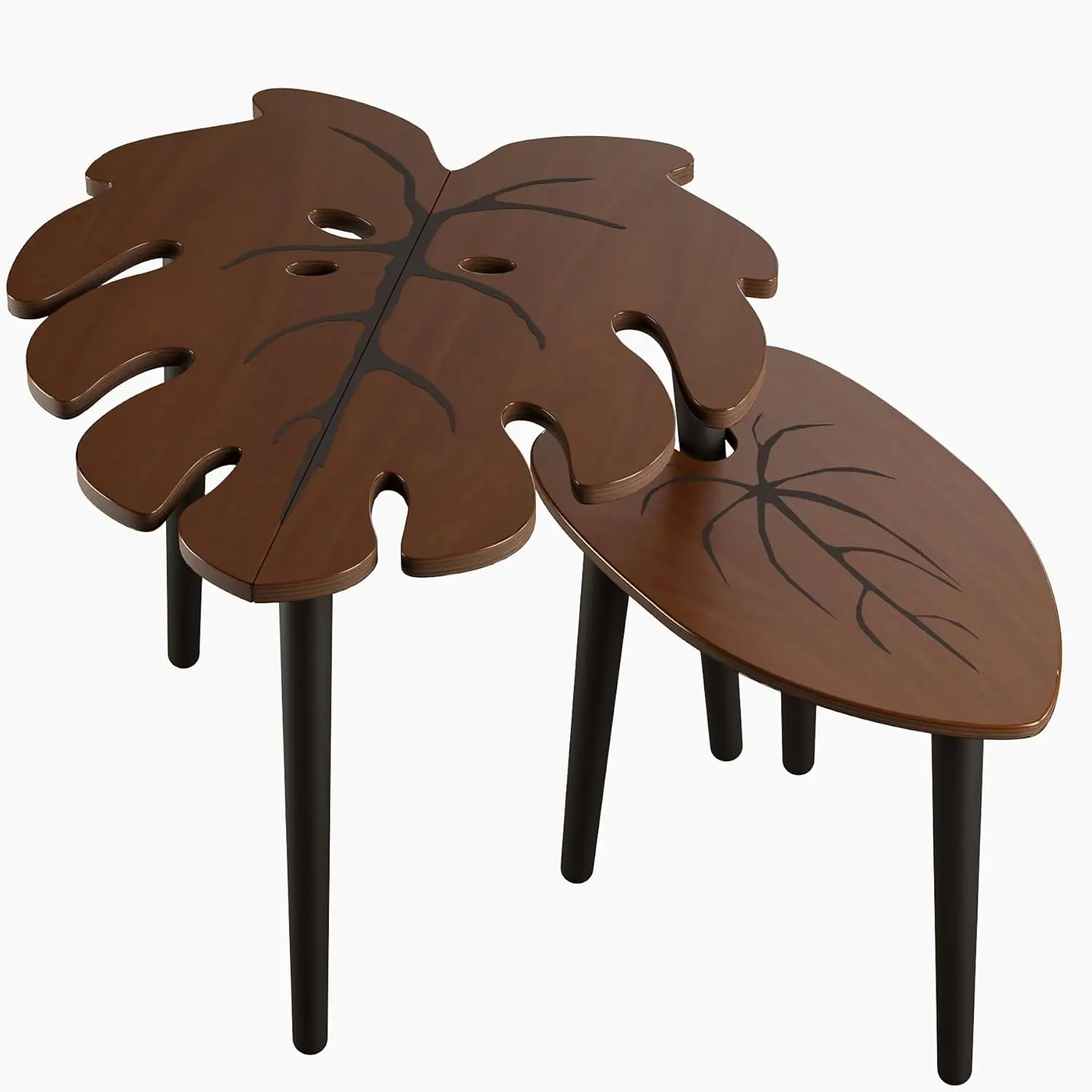 Monstera Leaf Nesting Tables: Set of 2 Modern Wooden Coffee & Side Tables