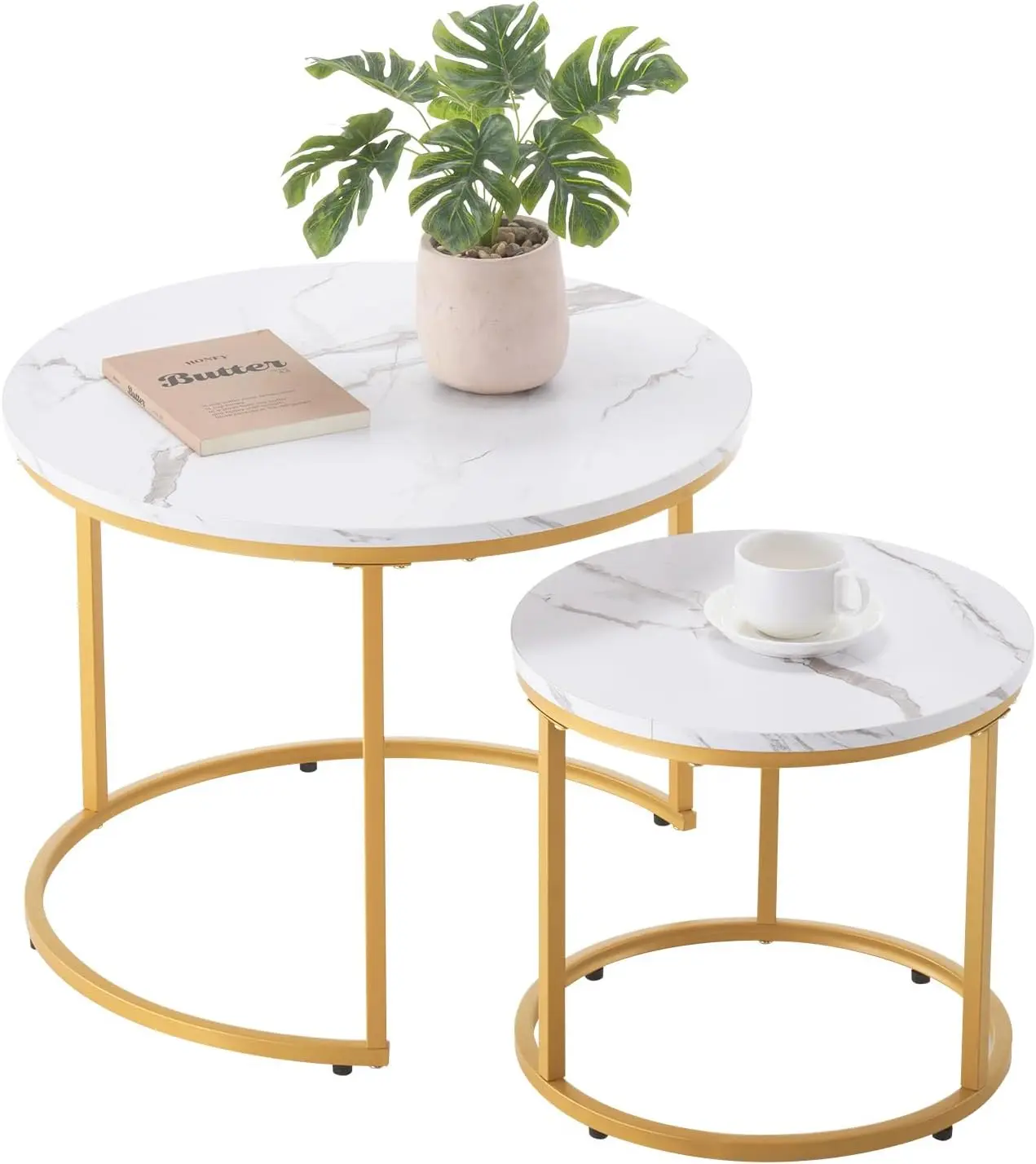 VEVOR Nesting Coffee Table Set: 2-Piece Round Gold Side Tables for Small Living Spaces & Bedrooms