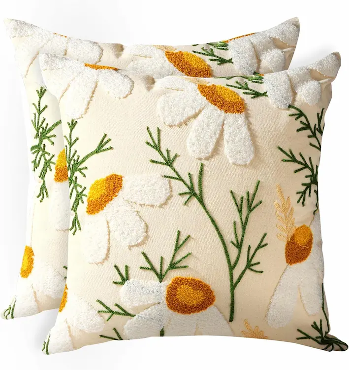 Premium Daisy Embroidered Throw Pillow Covers - 18x18 Set of 2