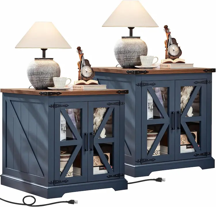 Farmhouse End Table Set of 2 with Charging Station & Glass Barn Door Nightstand