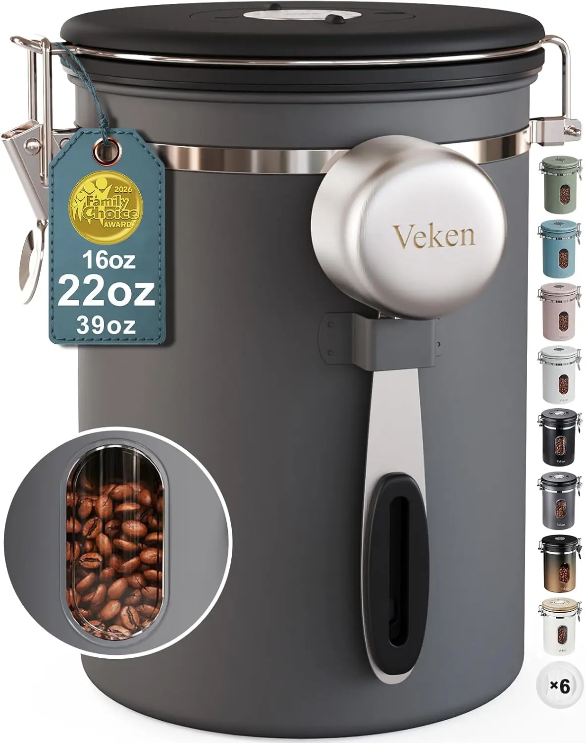 Veken 22oz Coffee Canister: Airtight Grey Stainless Steel Container with Window & Date Tracker