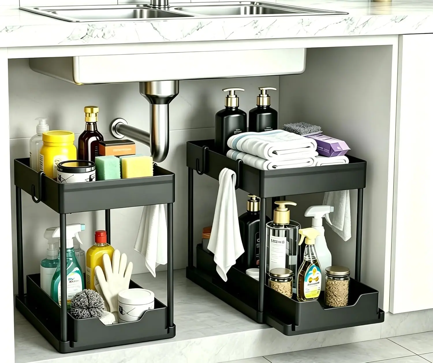 DEKAVA 2-Pack Under Sink Organizer: 2-Tier Sliding Drawer Storage for Bathroom & Kitchen Cabinets