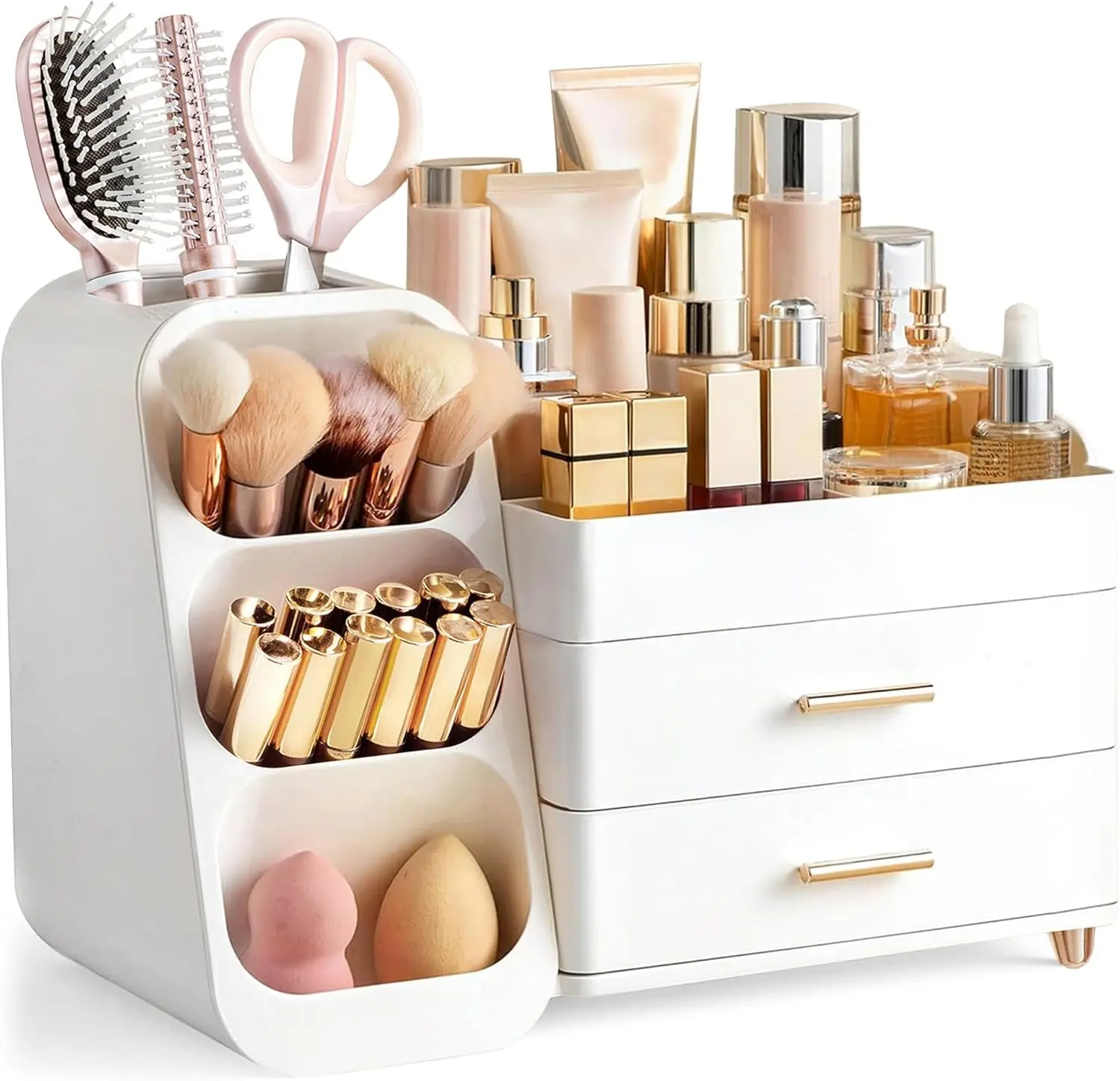 HBlife Large Makeup Organizer with Brush Holder: White Vanity Storage for Skincare & Cosmetics