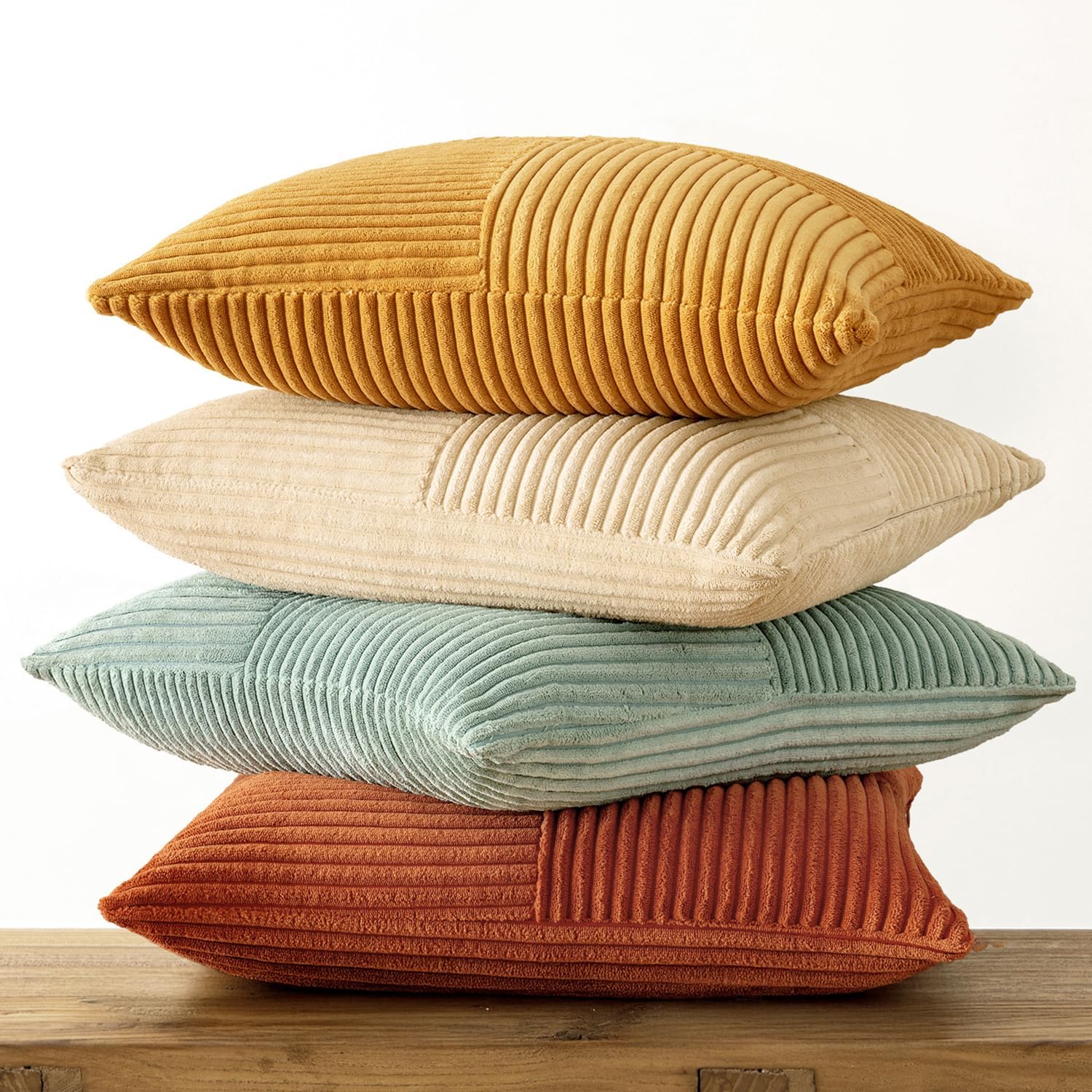 MIULEE 18x18 Boho Teal & Orange Corduroy Throw Pillow Covers (4-Pack)