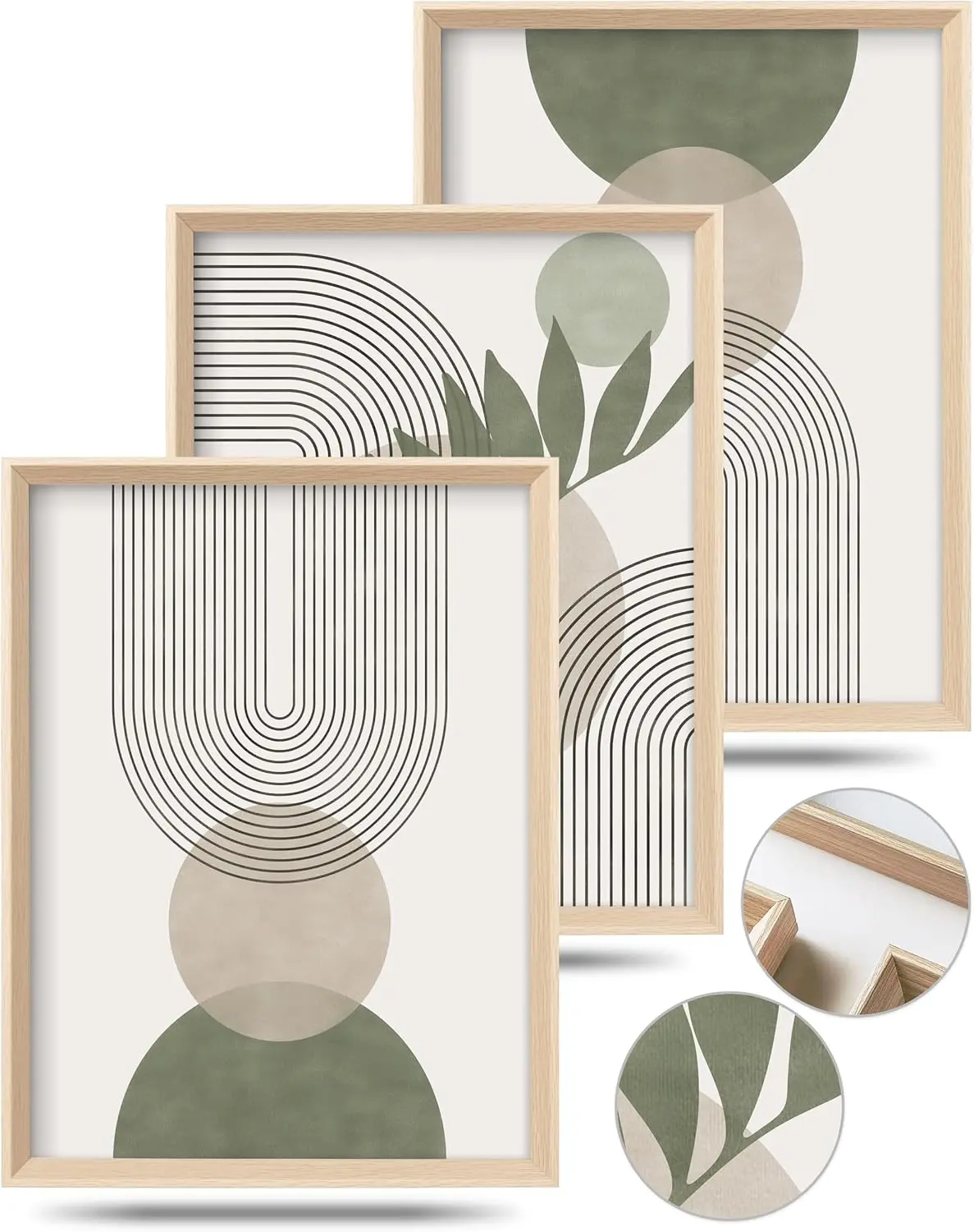 Minimalist Boho Sage Green Framed Canvas Wall Art (12x16", Set of 3) | Premium Abstract Home Decor