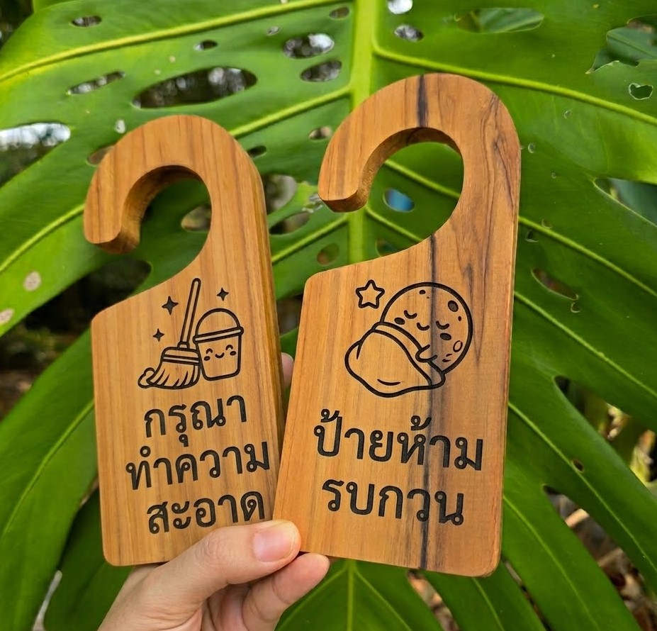 ป้ายแขวนประตูไม้สัก พิมพ์2ด้านเหมือนกัน งานพิมพ์สียูวี(ไม่ใช่แกะสลัก)