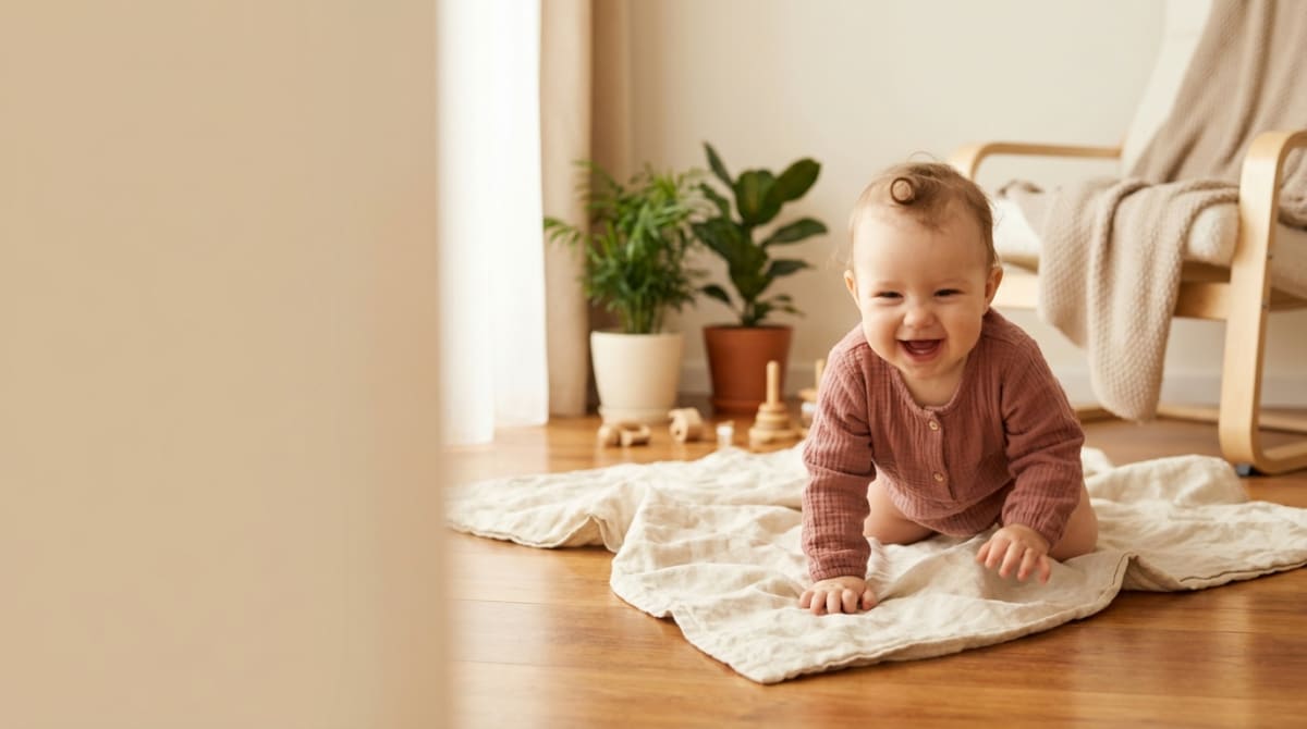 Fröhliches Baby in rosé Musselin-Strampler krabbelt über eine Leinendecke