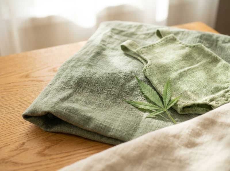 Bio-Hanfstoff in Salbeigrün mit Baby-Strampler