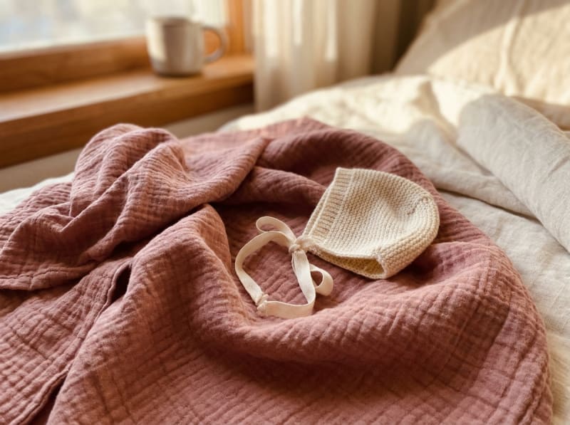 Luftiger Musselin-Stoff in zartem Rosé mit Babymütze