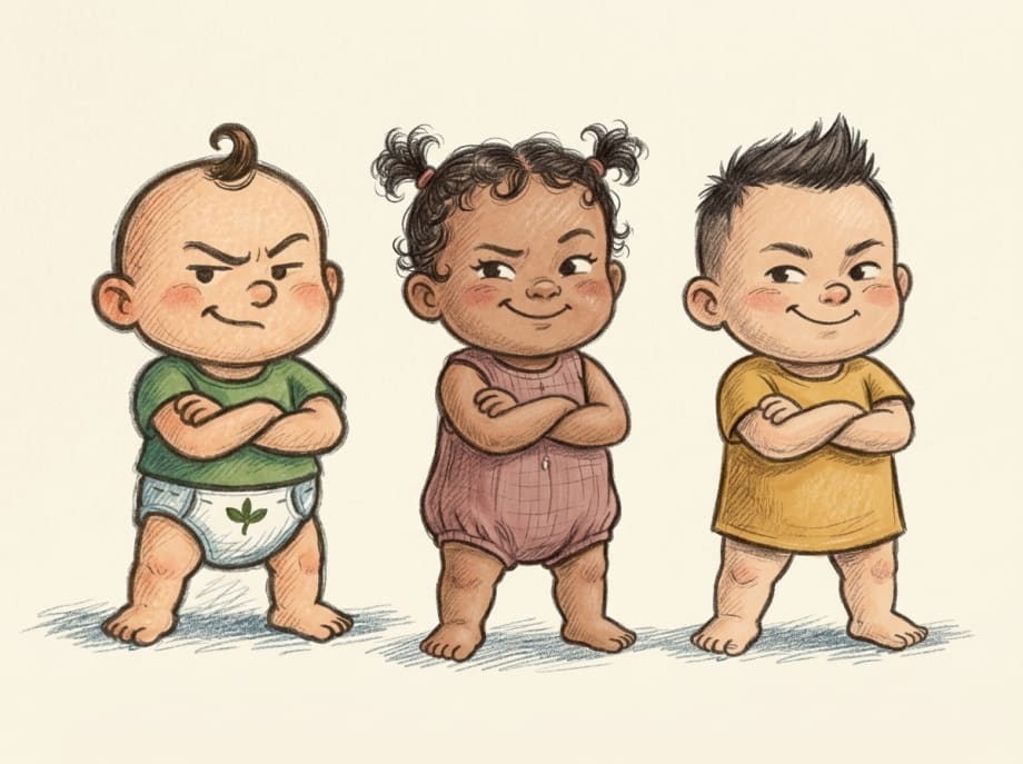 Drei gezeichnete Windelrebellen-Babys mit verschränkten Armen