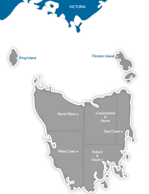 Map of Tourism Regions in Tasmania, Australia