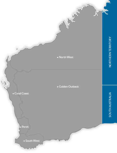 Map of Tourism Regions in Western Australia, Australia