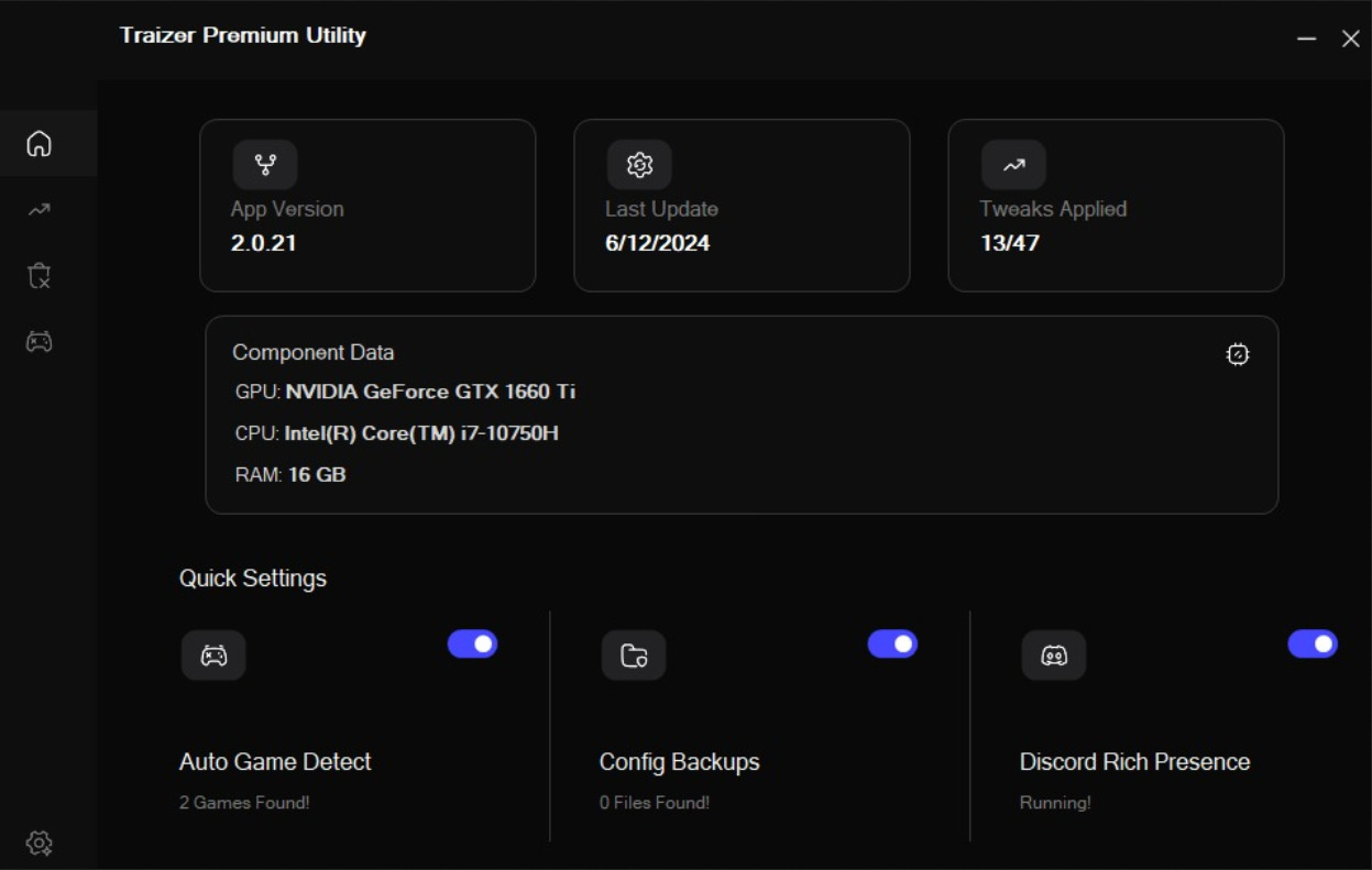 PC Tweaks Dashboard Interface