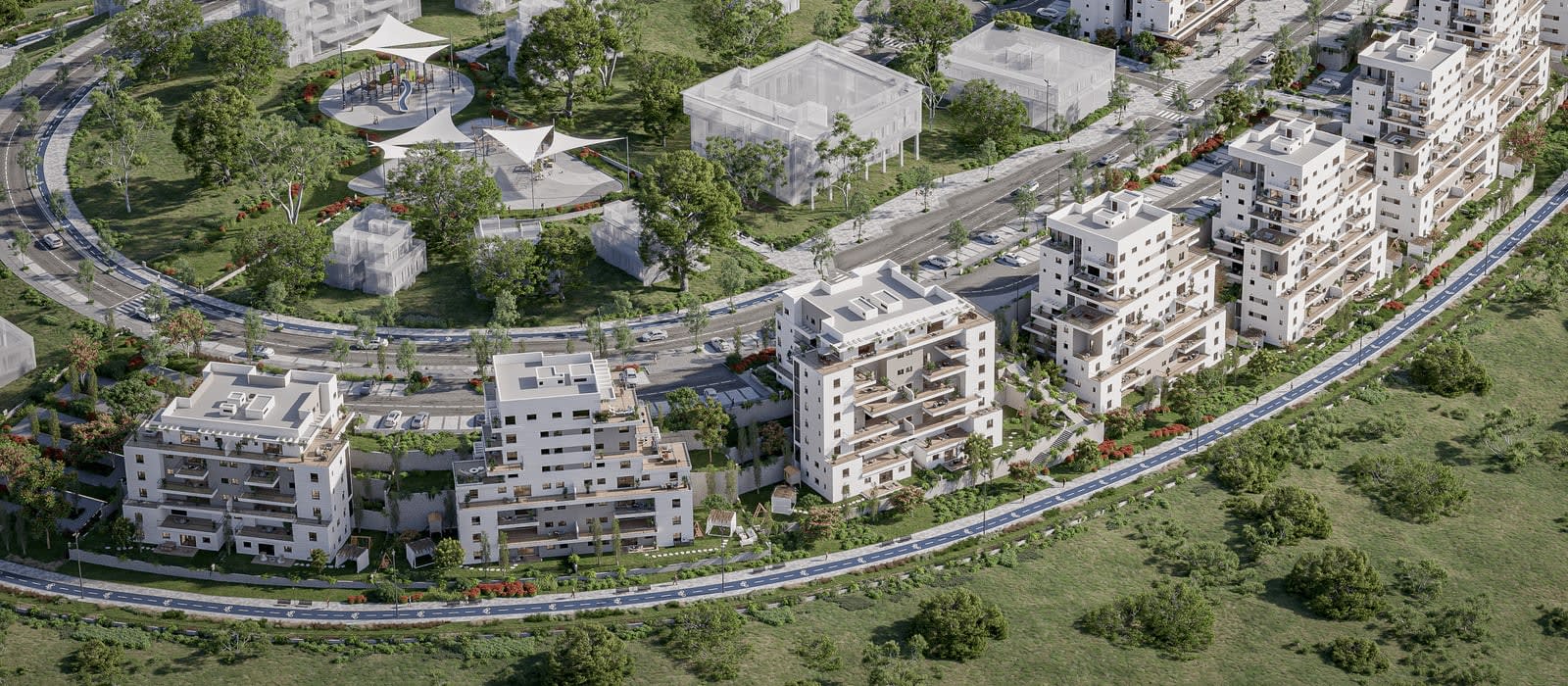 הפסגה הירוקה רכסים – הדמיית השכונה עם פארק, גינות ושבילי אופניים