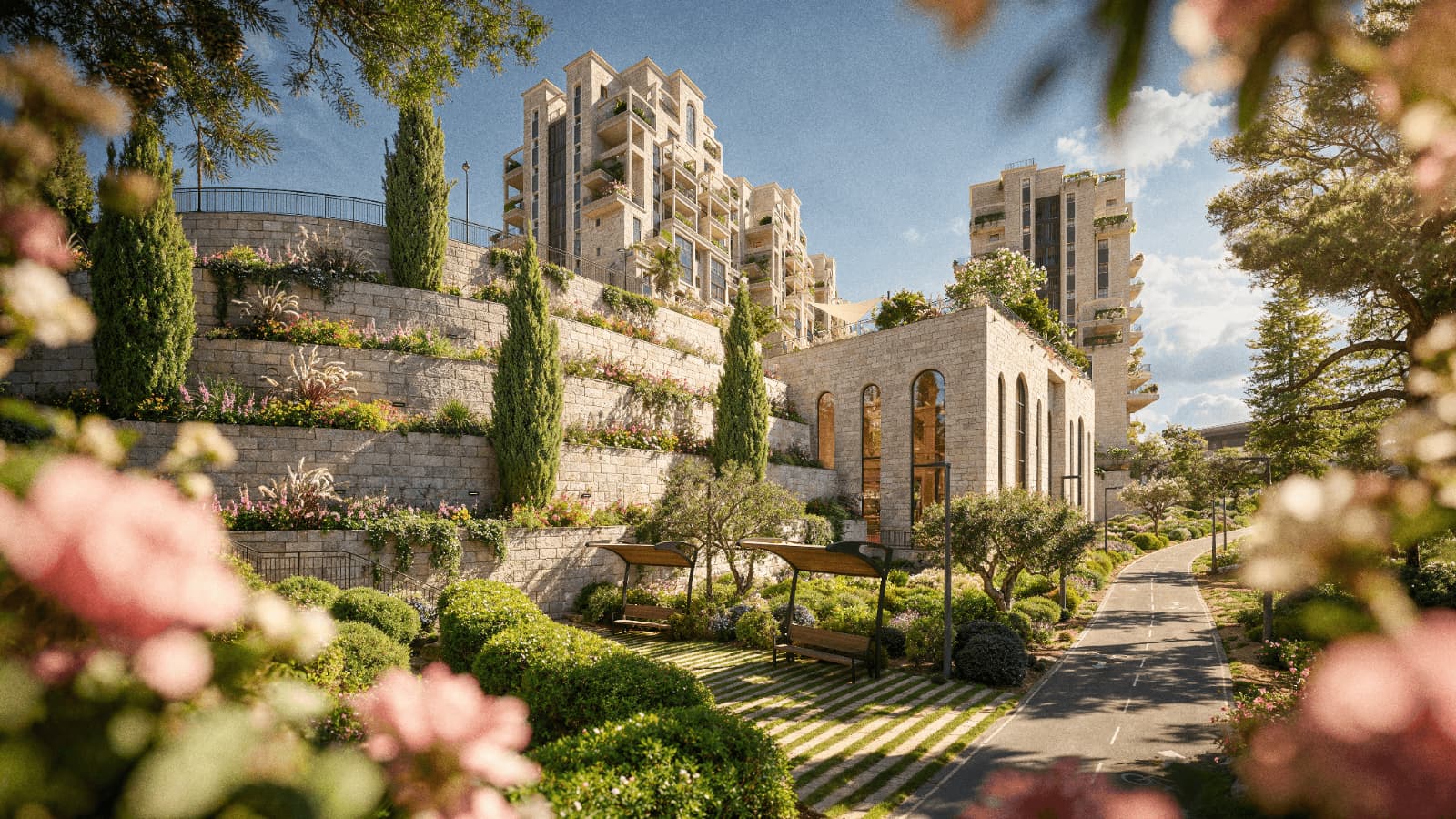 הנחל ירושלים – גינות מדורגות ושביל אופניים למרגלות הבניינים