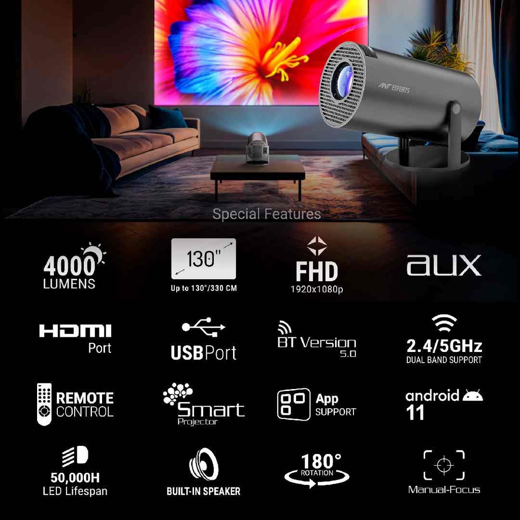 Ant Esports View 515 | Smart Projector | Full HD 1080p | Android 11 | 4K Support thumbnail 2