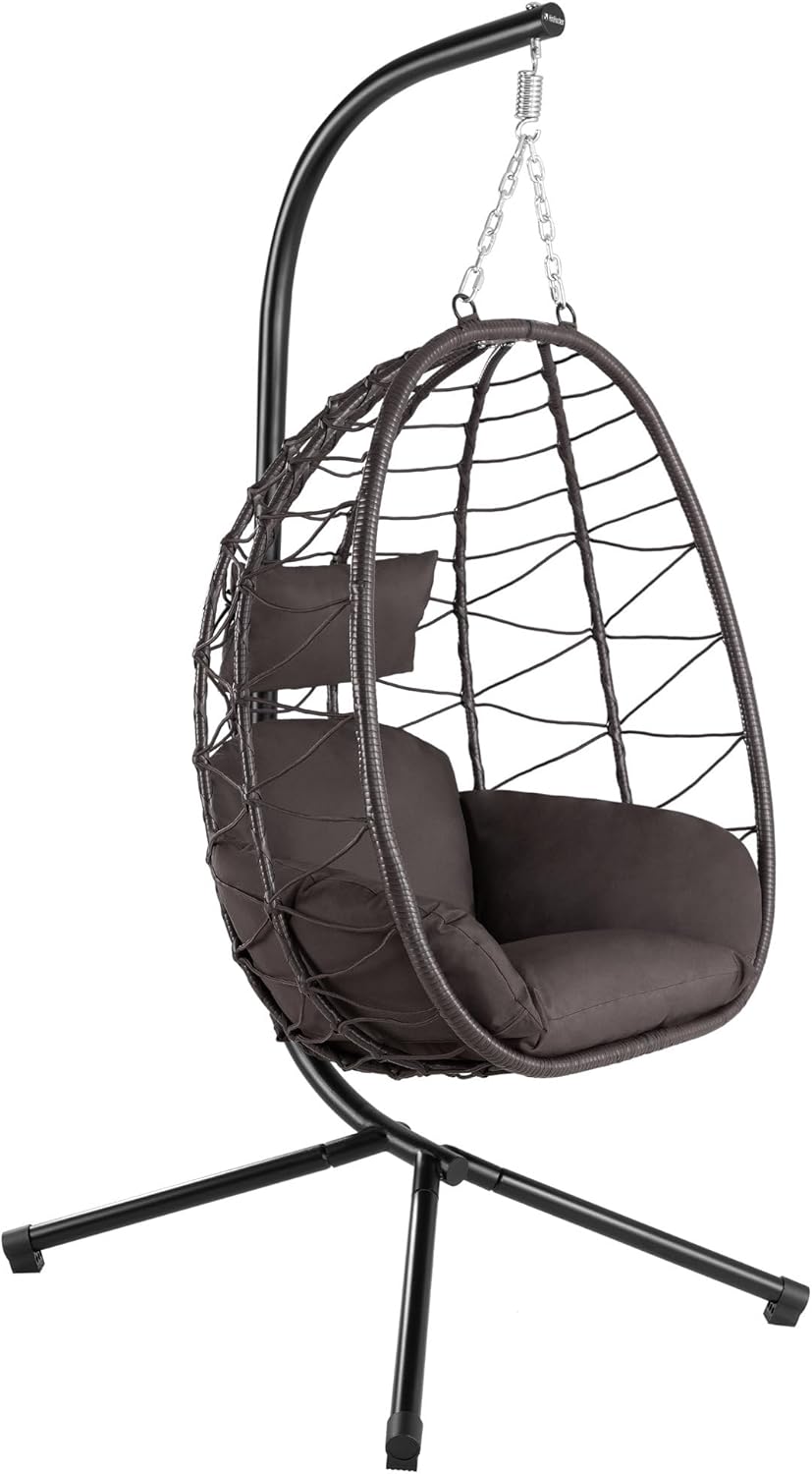 HinHocker Fauteuil hamac avec châssis | Marron | Hamac Suspendu pour l’intérieur et l’extérieur | Coussin et Rembourrage d'assise de siège Inclus | Fauteuil Oeuf Suspendu pour terrasse - Image 1