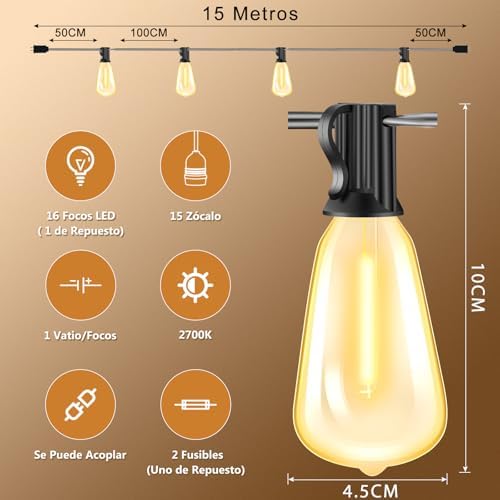 Guirnalda de Luces LED Exterior, 15m 15+1 Focos LED ST38 Inastillables Alto Brillo, Impermeable IP45, Serie Luz Vintage Decorativas para Iluminación de Jardin Patio Boda Hogar Navidad - LASPANG - Image 3