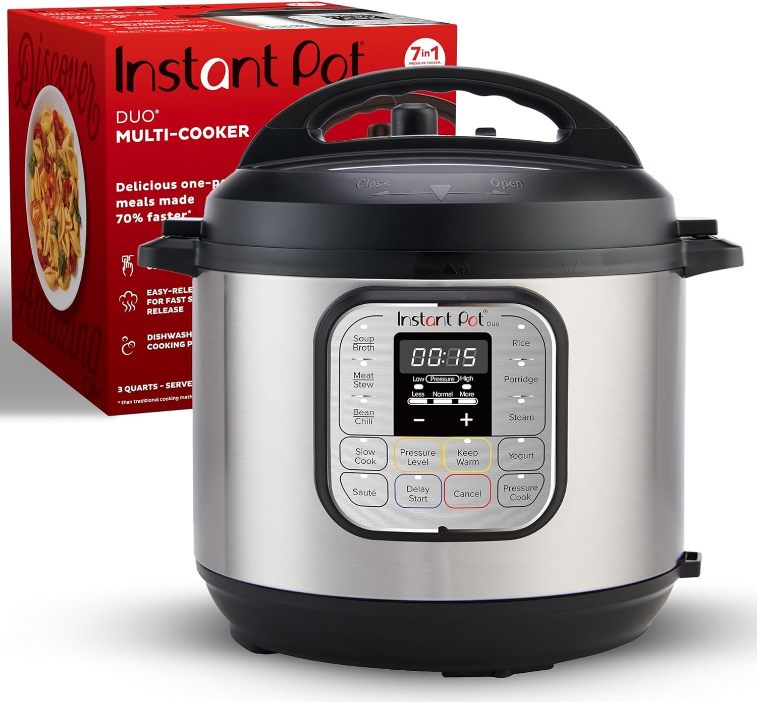 Instant Pot Duo Olla eléctrica a presión 7 en 1, olla de cocción lenta, olla de arroz, vaporizador, salteador, máquina de yogur, calentador y esterilizador, 3 cuartos de galón, acero inoxidable/negro - Image 1