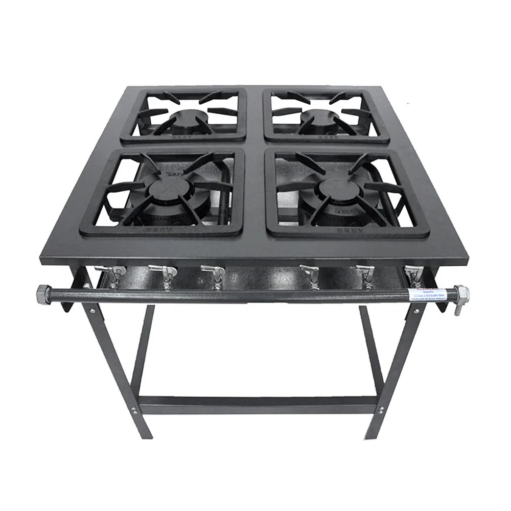 Fogão industrial a gás GLP 4 Bocas baixa pressão 30x30 perfil 7cm Stand 104-2D MetalBrey