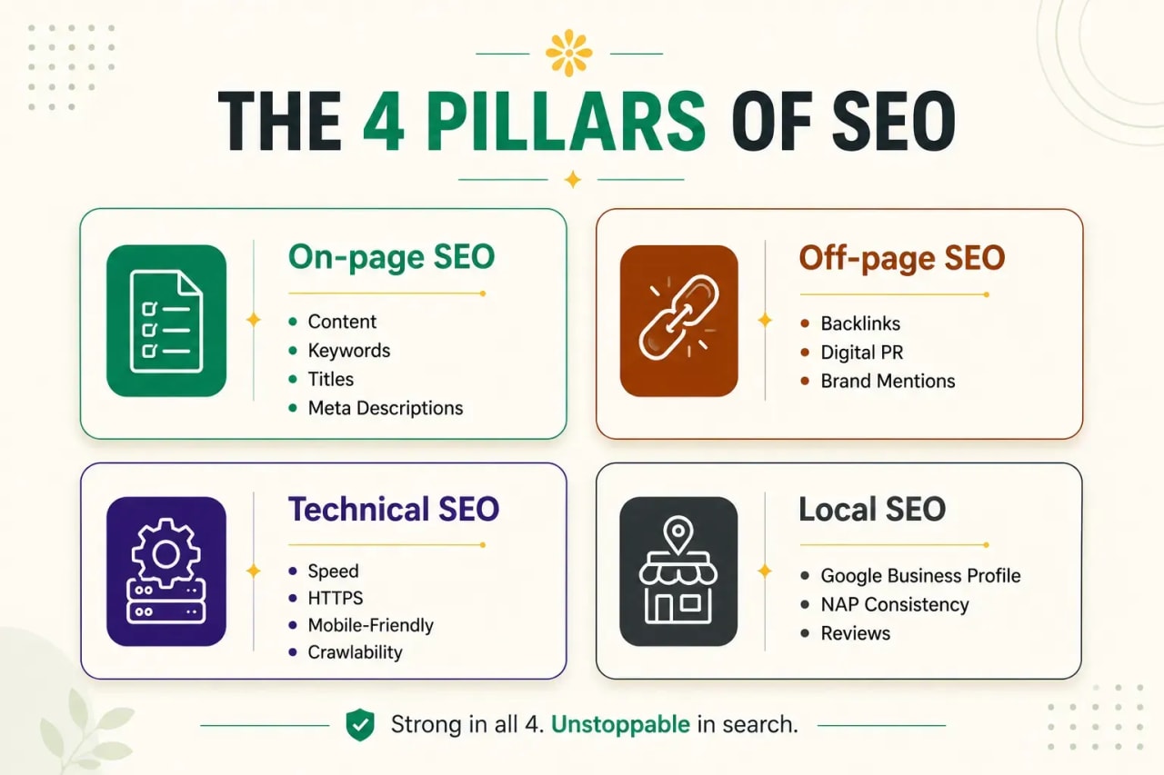 There are 4 types of SEO: On-page SEO, Off-page SEO, Technical SEO, Local SEO